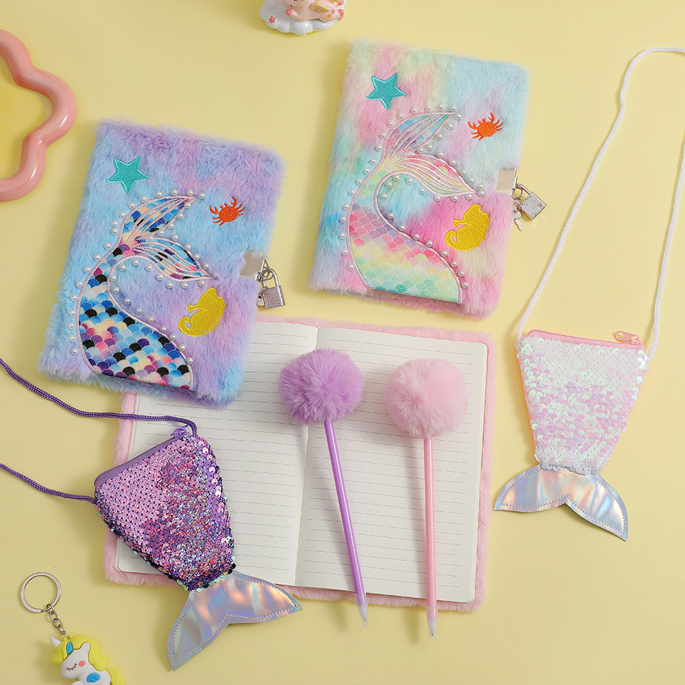 

3pcs Mermaid Plush Notebook Set Cute Plush Fishtail Notebook Ballpoint Pen Stationery Crossbody Bag School Office Supplies