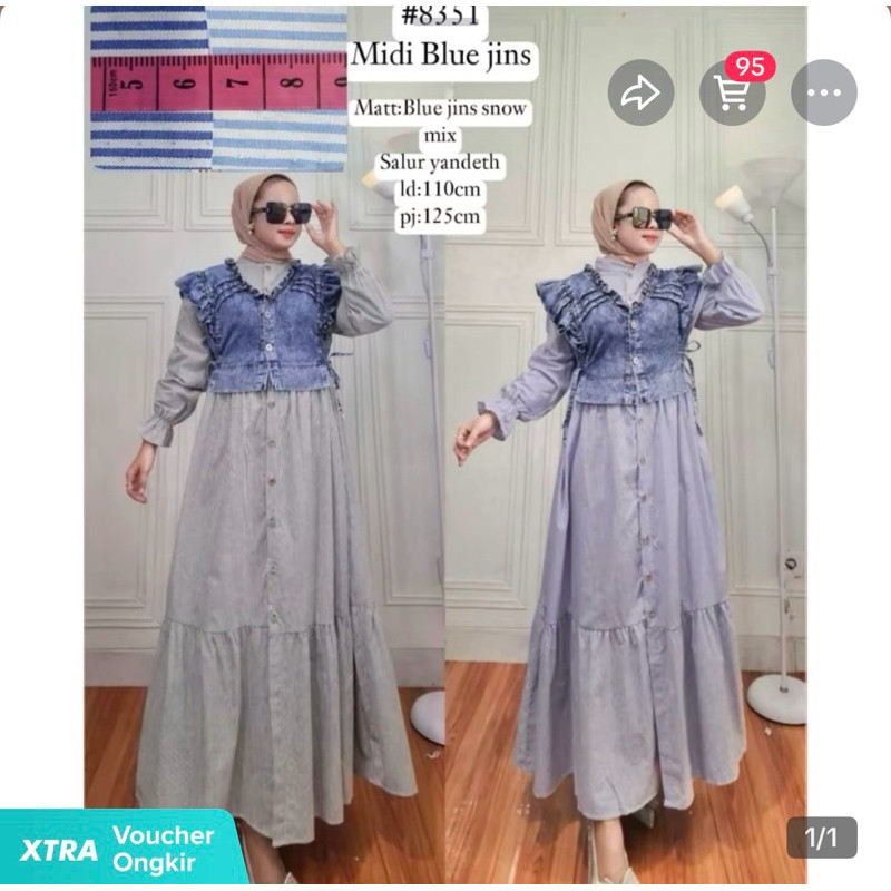 Gamis Remaja Wanita Kekinian Outfit Fashion Mewah Midi Rompi Salur Jeans Kinka Murah Premium