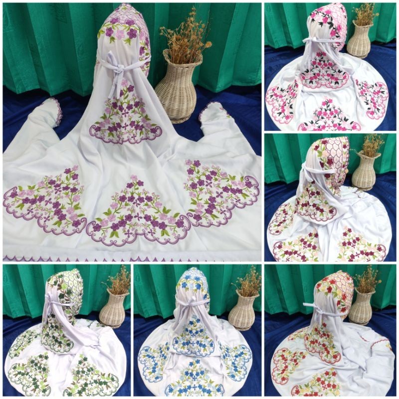 Mukena Terusan Dewasa Katun Mikro Super Soft Motif Bordir Bunga Lantana Menawan Dan Indah
