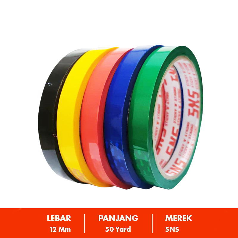 

☆..☆ ISOLASI WARNA WARNI 12mm / LAKBAN OPP TAPE 12 mm SNS Sticky N Strong