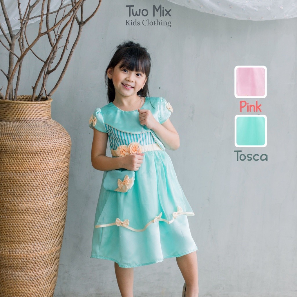 Baju Dress Anak Perempuan Pesta Satin + Tas Cantik Lucu - Gaun Anak Cewek Mewah 1-12 Tahun 4285