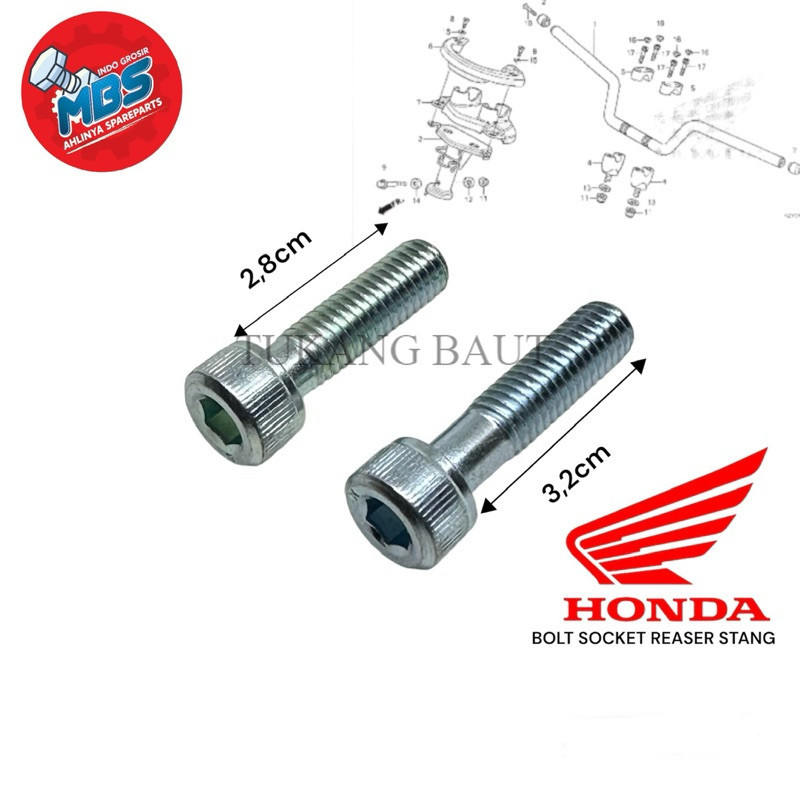 BOLT SOCKET M8X32 M8X28 BAUD 12 L PANJANG 2,8cm 3,2cm ORIGINAL AHM BAUT STANG STEP POREK DLL