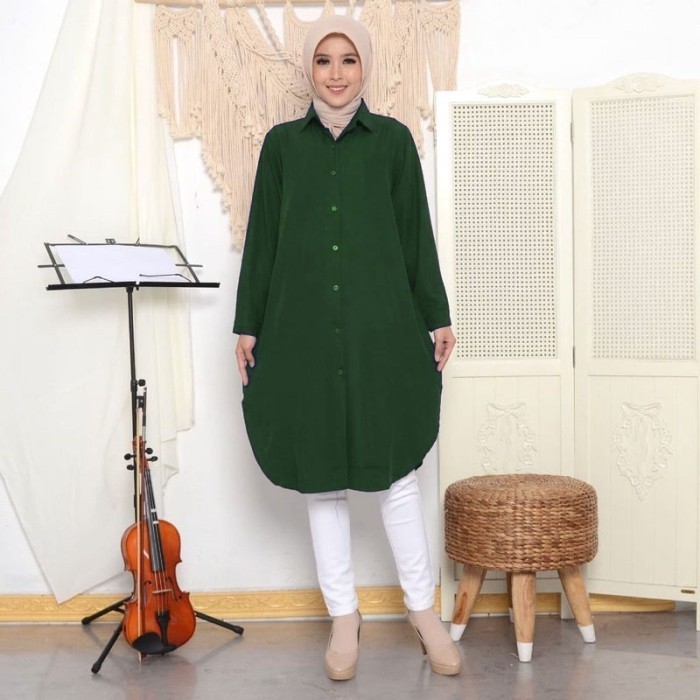 Baju Long Dress Kemeja Tunik Wanita - Hijau Botol