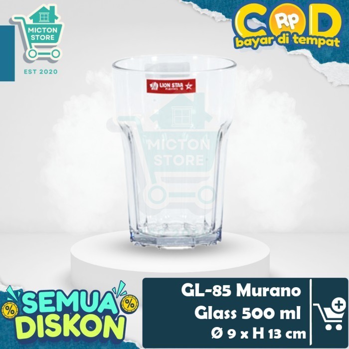 MICTON Lion Star GL-85 Murano Glass 500 ml Gelas Akrilik Mika Minum Bening Foodcourt Kopi Teh Sirup 