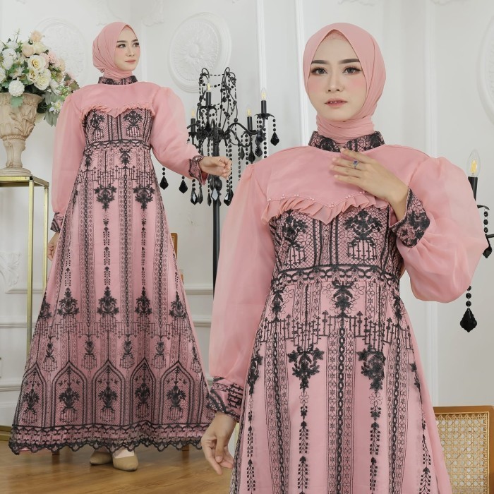 gamis gisel premium dress pesta maxi brukat tule cantik murah  - dusty