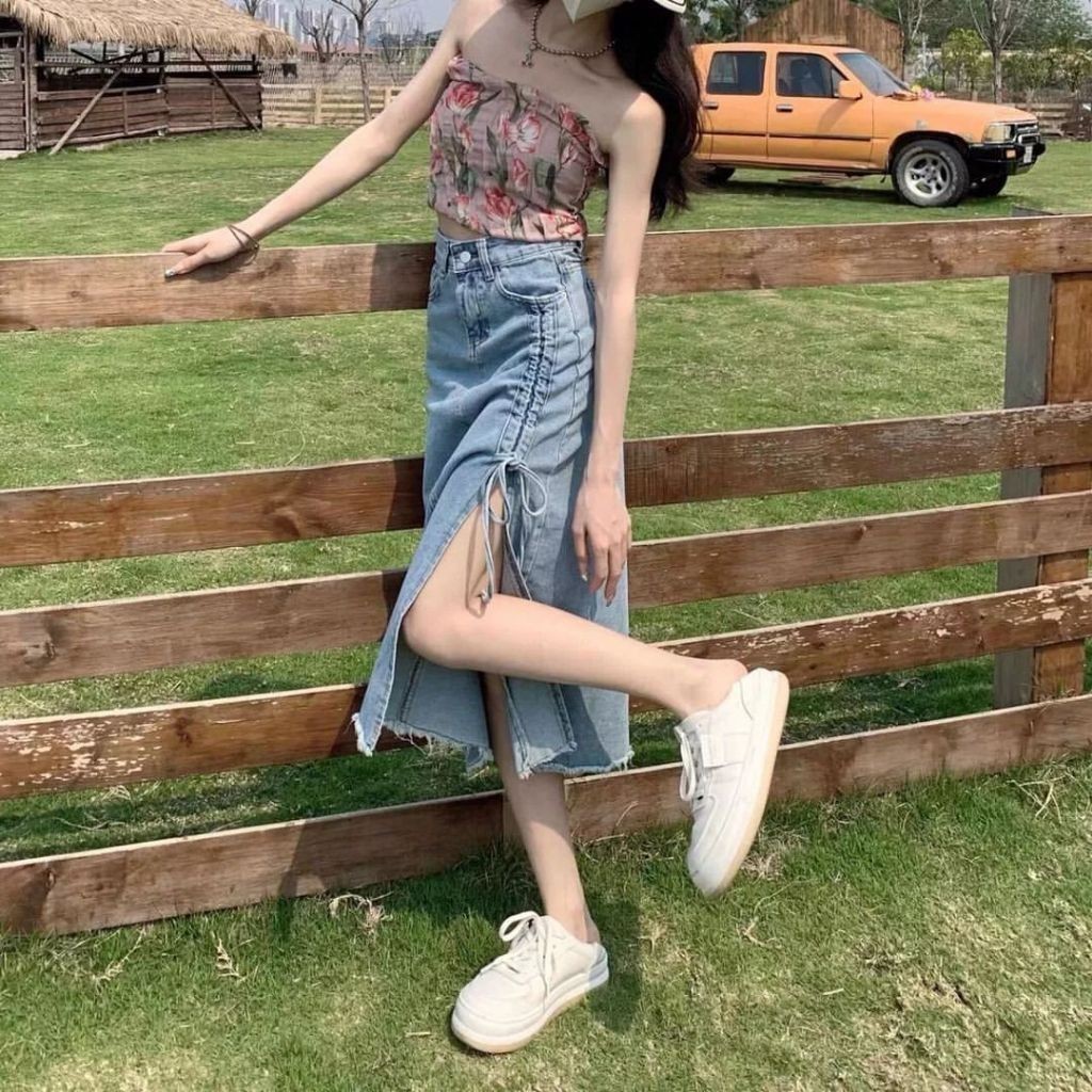 CC - Rok Jeans Span Belah Serut Highwaist Chici Skirt Korean Style Wanita Remaja Terbaru Kekinian Ca