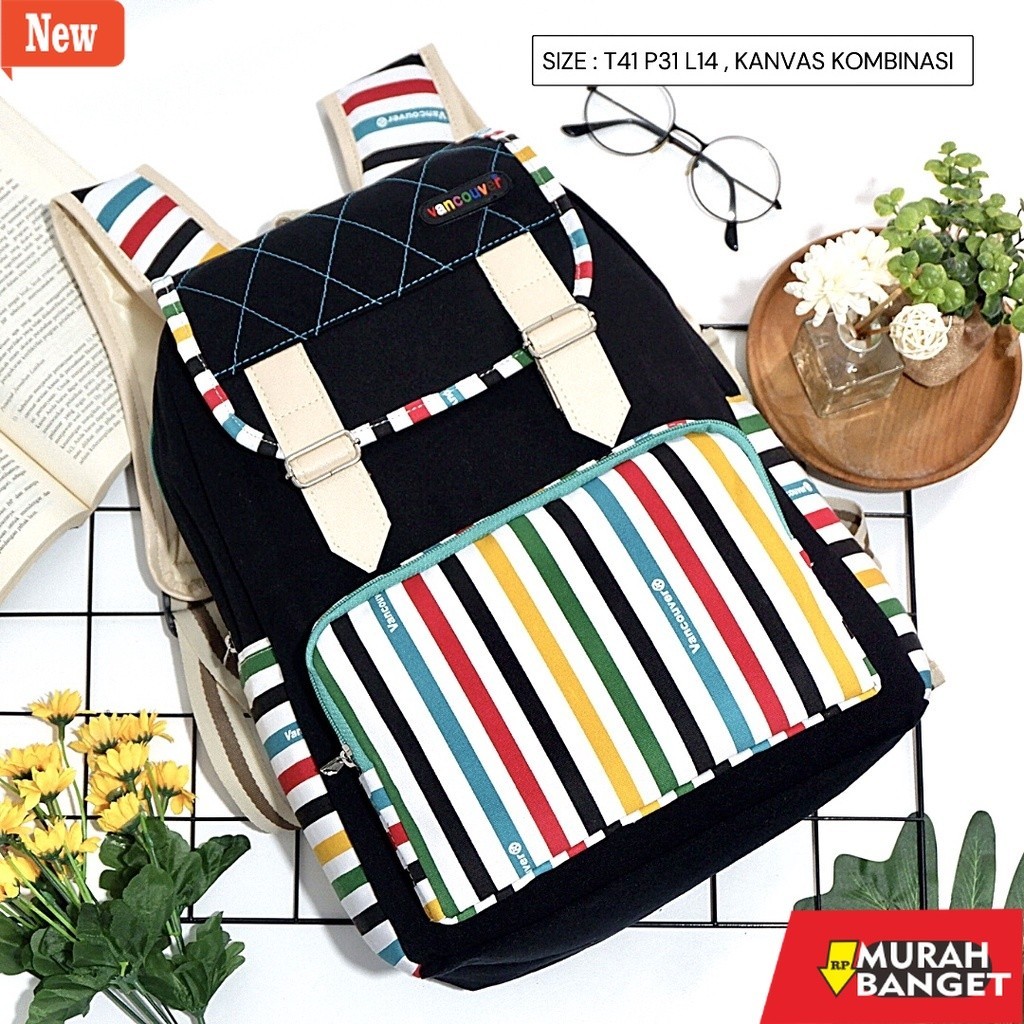 tas ransel wanita shopee Tas Ransel Sekolah Wanita Kanvas Retro Vintage Hunter (lokal) garis garis -