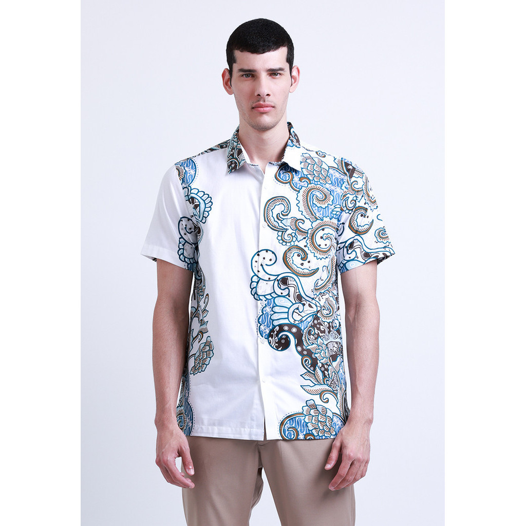 Manzone Kemeja Batik Lengan Pendek Pria Wangsapura - White
