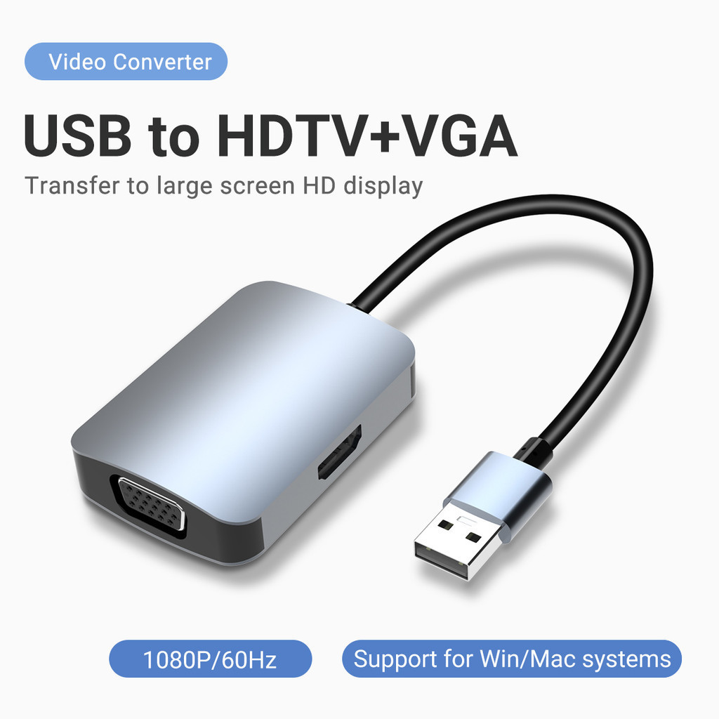 Konverter kabel Video 2 in 1, HUB USB ke HDMI VGA adaptor USB 2.0 ke HDMI 1080P dengan Audio untuk P