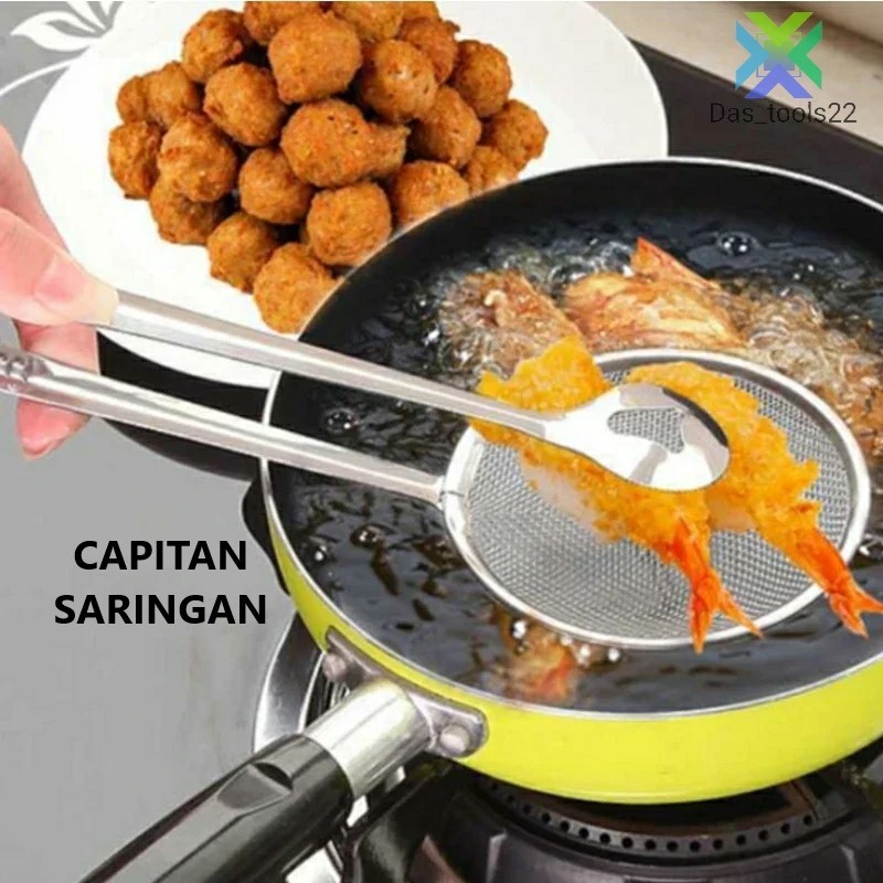 Capitan Saringan 2in1 / Jepitan + Tirisan Gorengan Minyak Air Sayuran Mie Stainless Steel / Food DUA