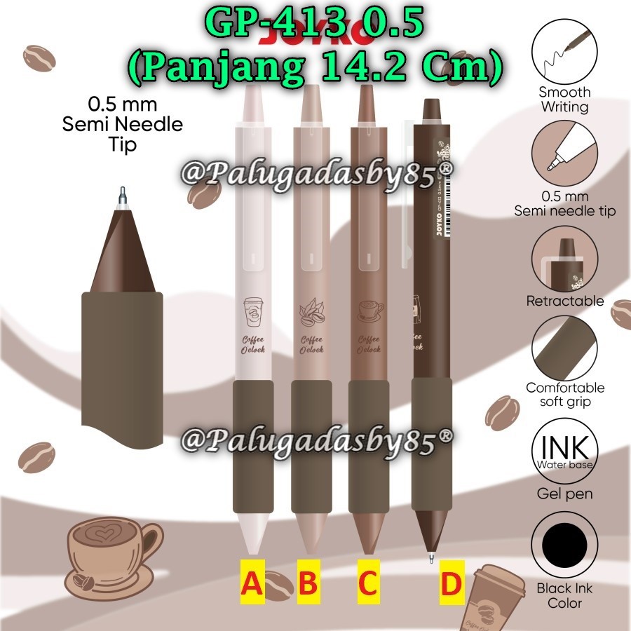 

(1 Biji) Gelpen JOYKO GP-413 0.5 mm Hitam / Gel Pen Pulpen Pena Joyko GP-413 Coffee O'clock (1 Biji)