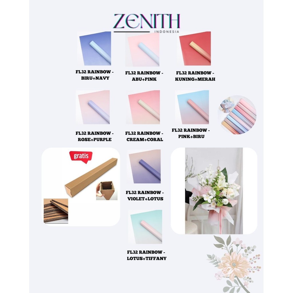 

Zenith - (5 LEMBAR) - FL32 RAINBOW Kertas Bunga Paper Buket Motif Pelangi Transparan Florist Cellophane