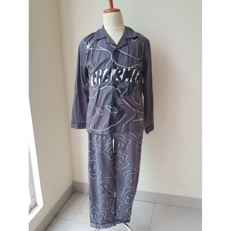 best -BAJU TIDUR PRIA SPANDEX IMPORT PIYAMA COWOK MOTIF KANCING SET CELANA - 1, L