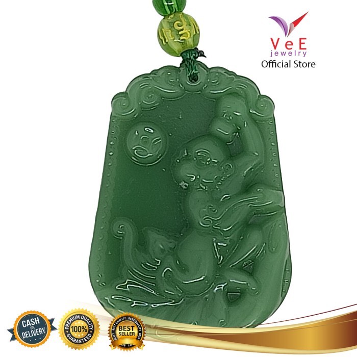 Kalung Liontin Shio Monyet Batu Giok Asli Original Cina -VeE Feng Shui - Hijau