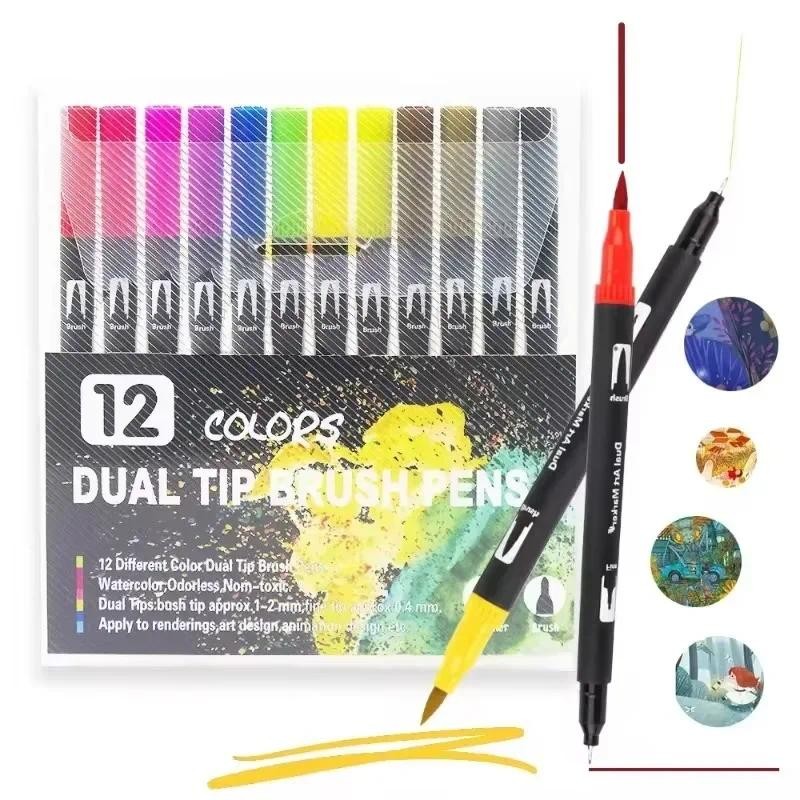 

12/24/36/48/60/72 Colors Dual Tip Waterproof Acrylic Markers Colored Brush Pens Kids Drawing Graffiti Stationery School Supplies