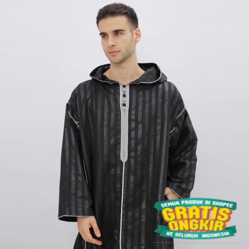 Baju Umroh Gamis Hoodie Djellaba Maroko Jalabah Jubah Kapucong Maroko Pria Polycotton Hitam/ keluarg
