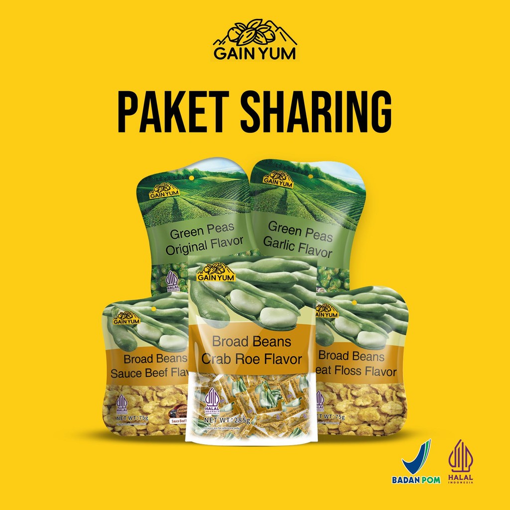 

[ PAKET SHARING ] Gain Yum Snack - All Varian Kacang Koro (CRAB ROE 285G, SAPI 75G, ABON SAPI 75G) dan Kacang Polong (ORI & GARLIC 75G)