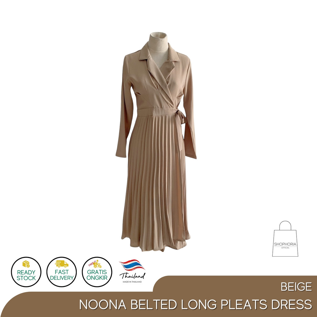 Baju Terusan Midi Wanita Pleats Impor Thailand Noona Dress Beige