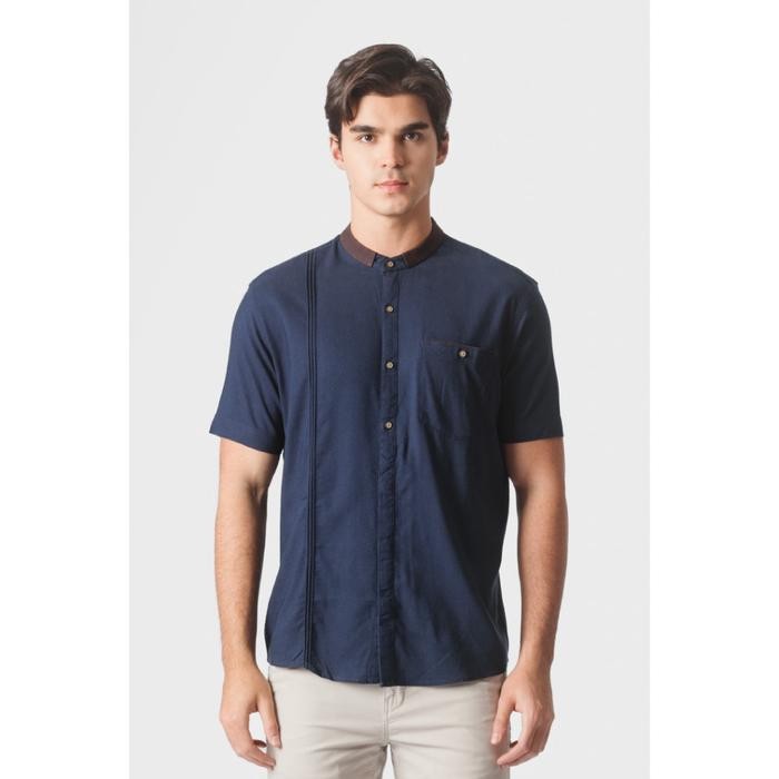 Emba Denim - Arsalan Kemeja Koko Pria Lengan Pendek Baju Fit Katun Muslim - Navy, M TERMURAH