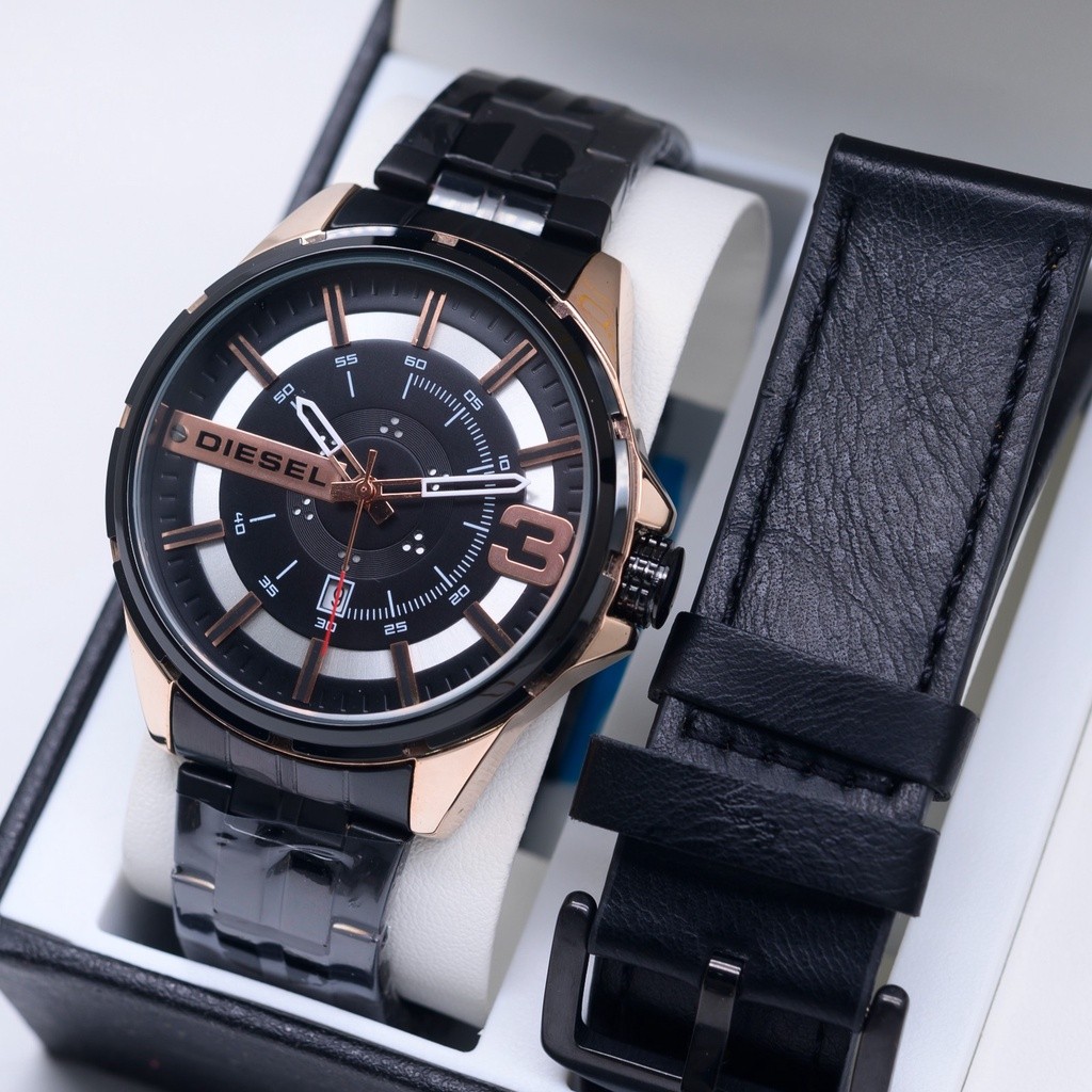 BEST SELLER- COD Jam Tangan Pria D1esel Tali Rantai Free Tali Kulit Body Bulat Tanggal Aktif