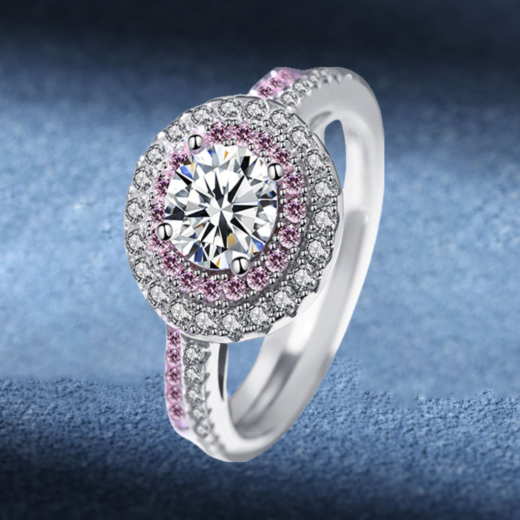 Silver S925 Cincin Moissanite Berlian Bulat 1 Karat Cincin Perak Asli Cincin Moissanite Wanita Luxur