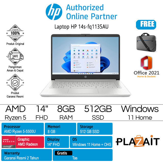 Laptop HP 14s-fq1135AU fq1136AU /AMD Ryzen 5-5500U/8GB/512GB SSD/AMD Radeon Graphics/14″ FHD/Win 11 