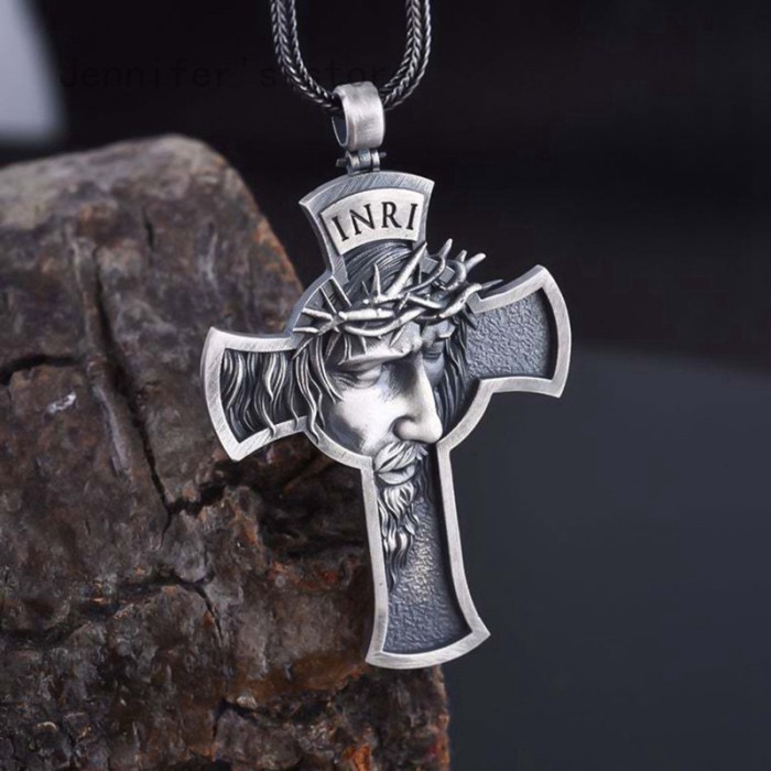 Kalung Salib Yesus Kristus INRI Pria Wanita /Liontin Wajah Yesus Mahkota Duri/ Kalung Tali Hitam & R