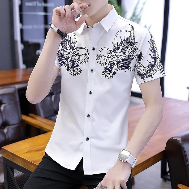 Baju Krah Pria Putih Kemeja Lengan Pendek Pria Atasan Ramping Pola Naga