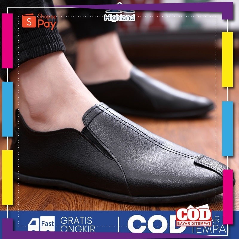 UKURAN SIZE 37 38 39 40 41 42 43 44 45 / Highland Sepatu Pria Slip on Casual Sepatu Kulit Hitam Form