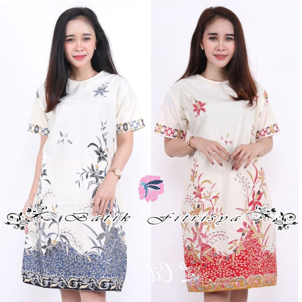 PAKAIAN BATIK WANITA JUMBO DRESS  XXXXL / 4L LENGAN PENDEK MOTIF BUNGA CANTIK PUTIH MODEL BARU/ BATI
