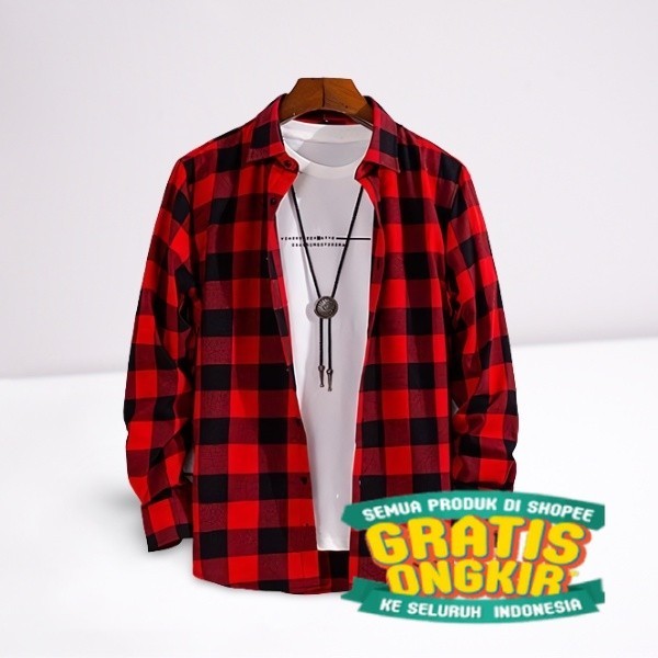 Kemeja Kotak Cowok - Hem Flanel Pria Lengan Panjang - Kemeja Flanel Merah Pria - Baju Kotak - Kemeja