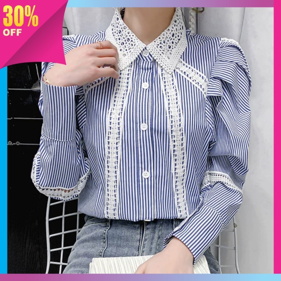 Baju Formal Santai Travelling Wanita Murah Korean Style Premium / Gioberta Puff Sleeve Striped Shirt