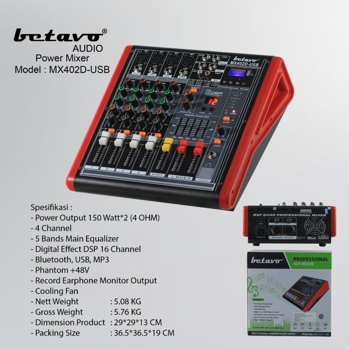 POWER MIXER 4 CHANNEL BETAVO MX402D USB BLUETOOTH ORIGINAL - 4 CHANNEL