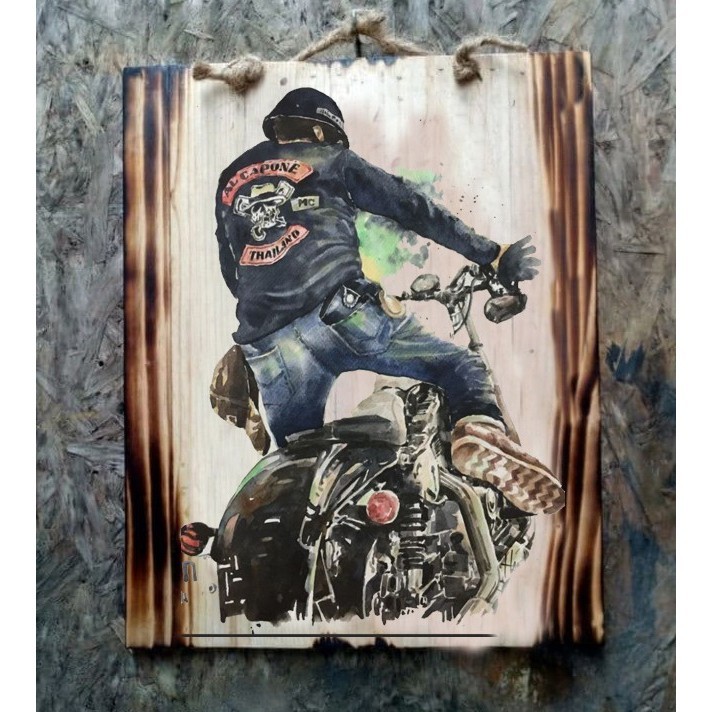 HARLEY DAVIDSON HIASAN DINDING LUKISAN KAYU CAFE RESTO