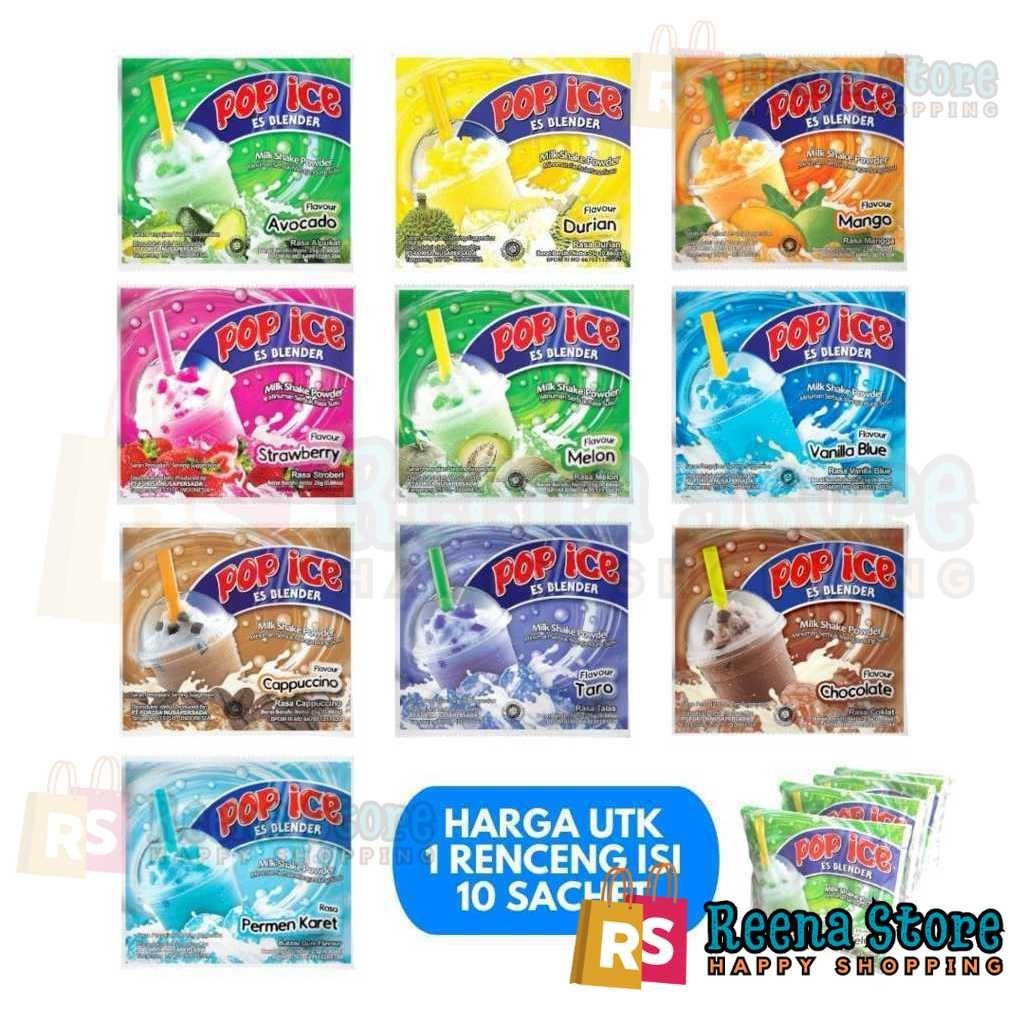 

Pop ice @ 25gr Es Blender 1 Renceng 10 Sachet (Durian Melon Coklat Taro Avocado Strawberry Mangga) - Reena Store