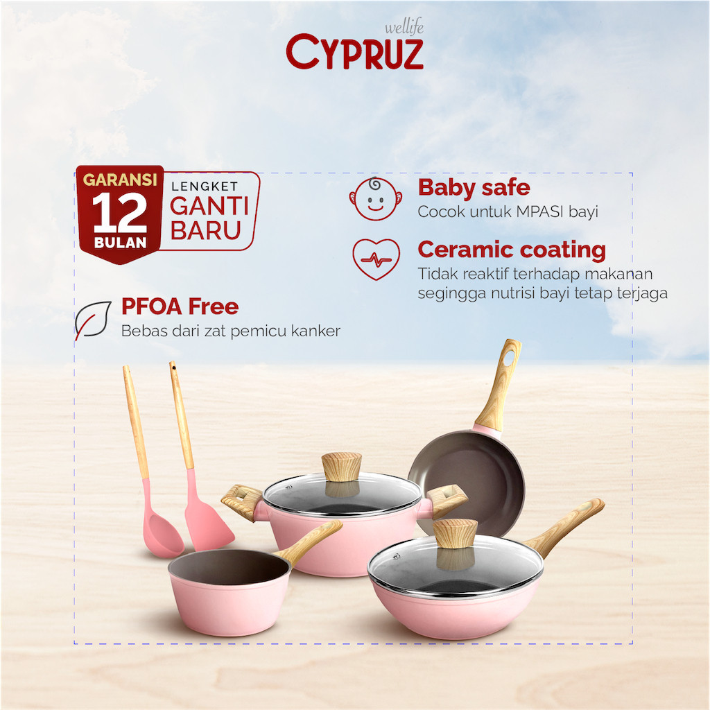 Cypruz Peralatan Masak Dapur Anti Lengket Pink Ceramic Complate Set