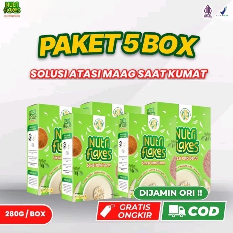

PAKET 5 BOX NUTRIFLAKES ORIGINAL Sereal Umbi Garut Nutriflakes Original Asam
