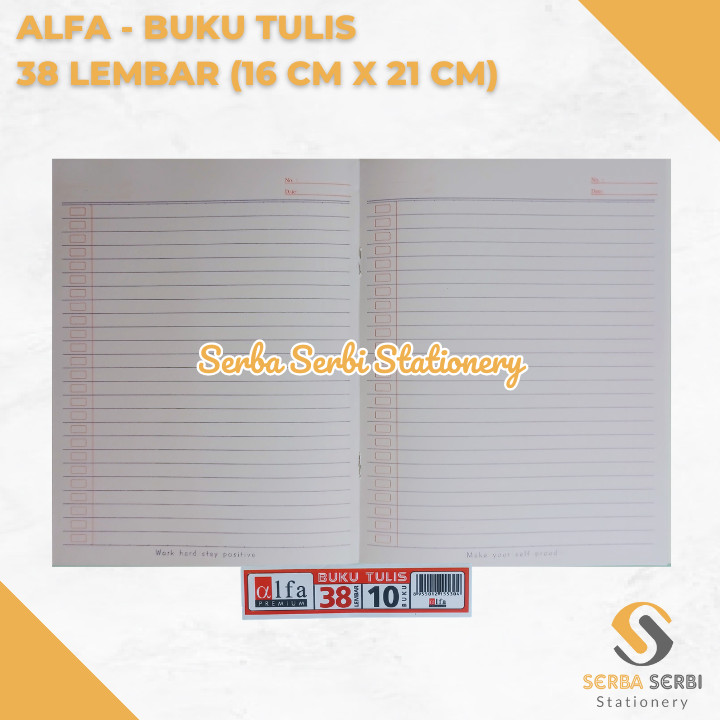 

(1 PAK ISI 10 BIJI) ALFA - BUKU TULIS ISI 38 LEMBAR (16 CM X 21 CM)