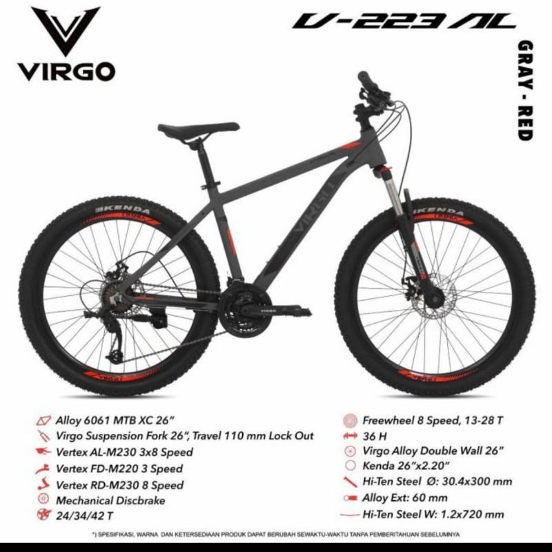 SEPEDA GUNUNG MTB 26 INCH VIRGO V 223 AL BY PACIFIC ALLOY 24 SPEED REM CAKRAM