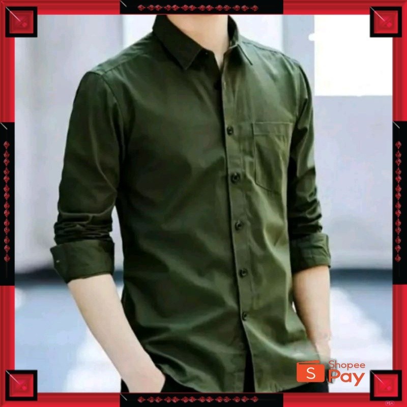 KAIN ADEM LEMBUT HALUS TEBAL / Kemeja polos pria army lengan panjang cocok buat kantoran bahan premi