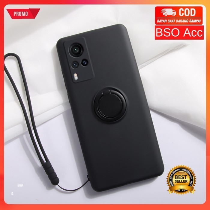 Casing VIVO X60 PRO Case Candy Ring Stand Bracket Holder Lanyard Silicone Square Microfiber