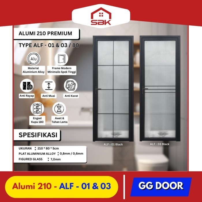Pintu Kamar Mandi | Pintu Aluminium 80x210 Tempered Glass GG ALUMI 80 ALF Series