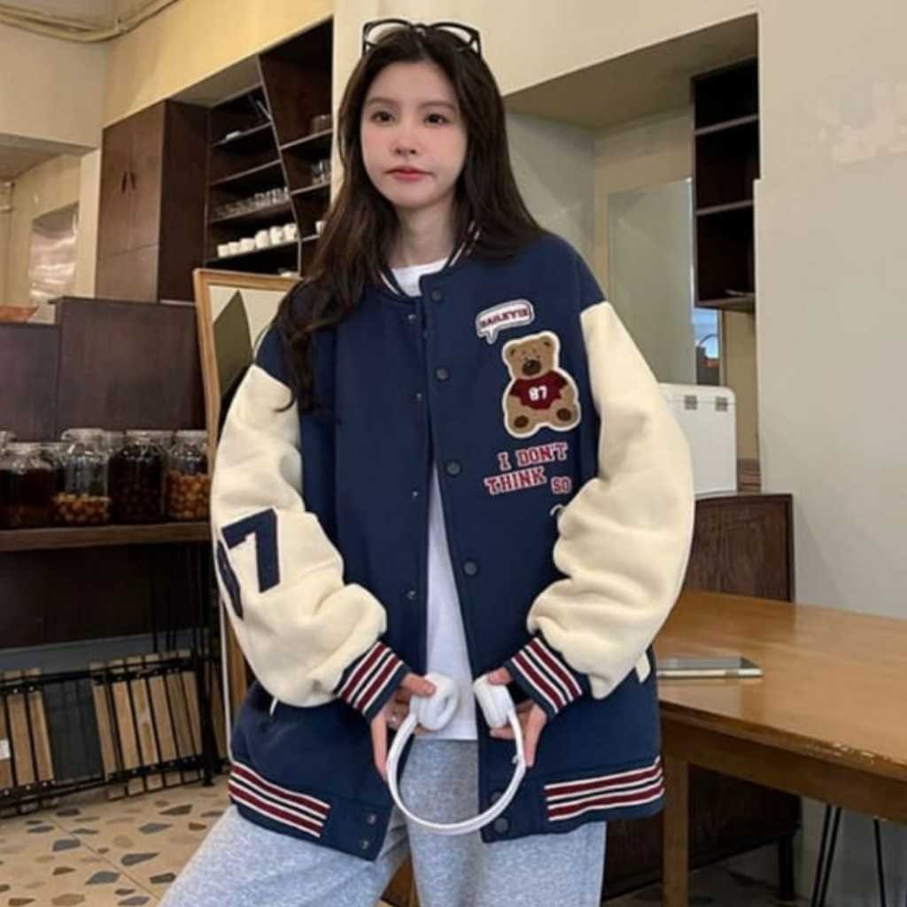 Jacket Varsity Baseball Wanita Korea BEAR 87 | Varsity Jacket Baseball Korean Style | Jacket Basebal