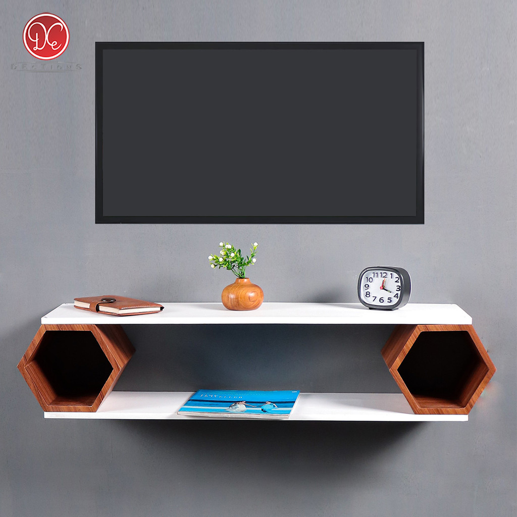 Dections Furniture Meja TV Gantung Hexagonal Modern Minimalis / Rak TV Tempel Dinding 80x20 cm