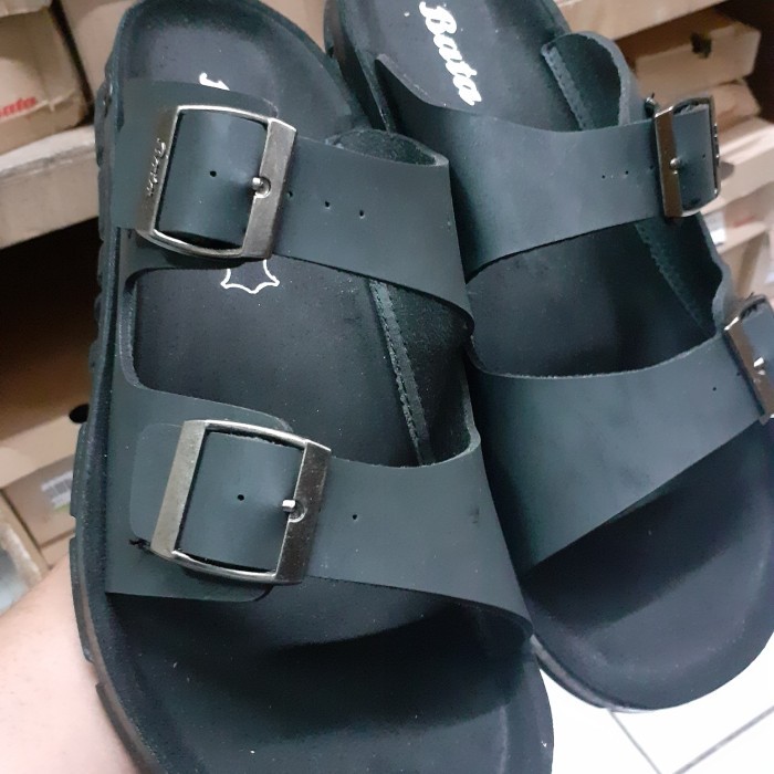 [[New Collection]] Sepatu Sandal Kulit Pria asli BATA - Hitam Polos, 44