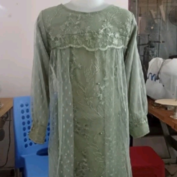 Gamis anak eliana kids 3 - 16 thn brukat tile dot hijau sage PS - S=LD.65cm 3-4th