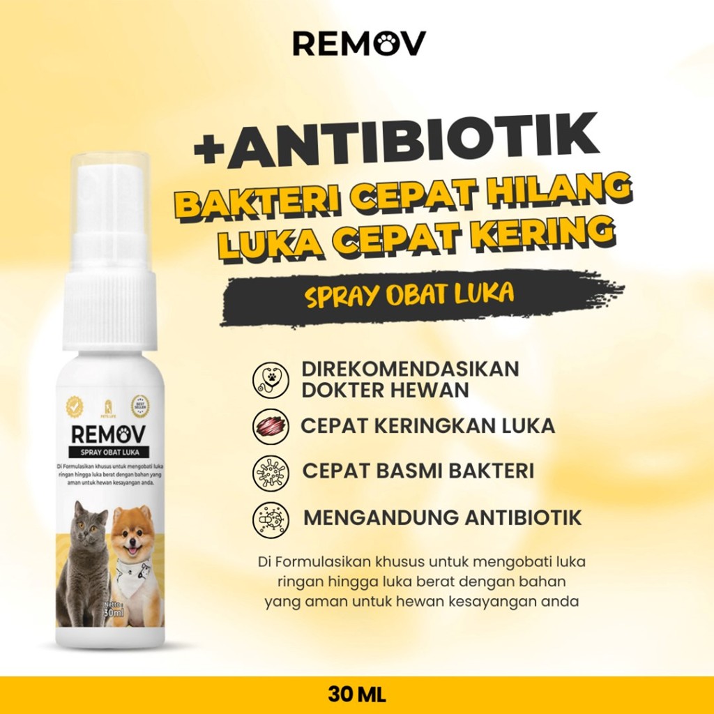 Remov Spray Obat Luka Kucing Anjing 30ml Antibiotik Anti Bakteri Luka Hewan Peliharaan Cepat Kering