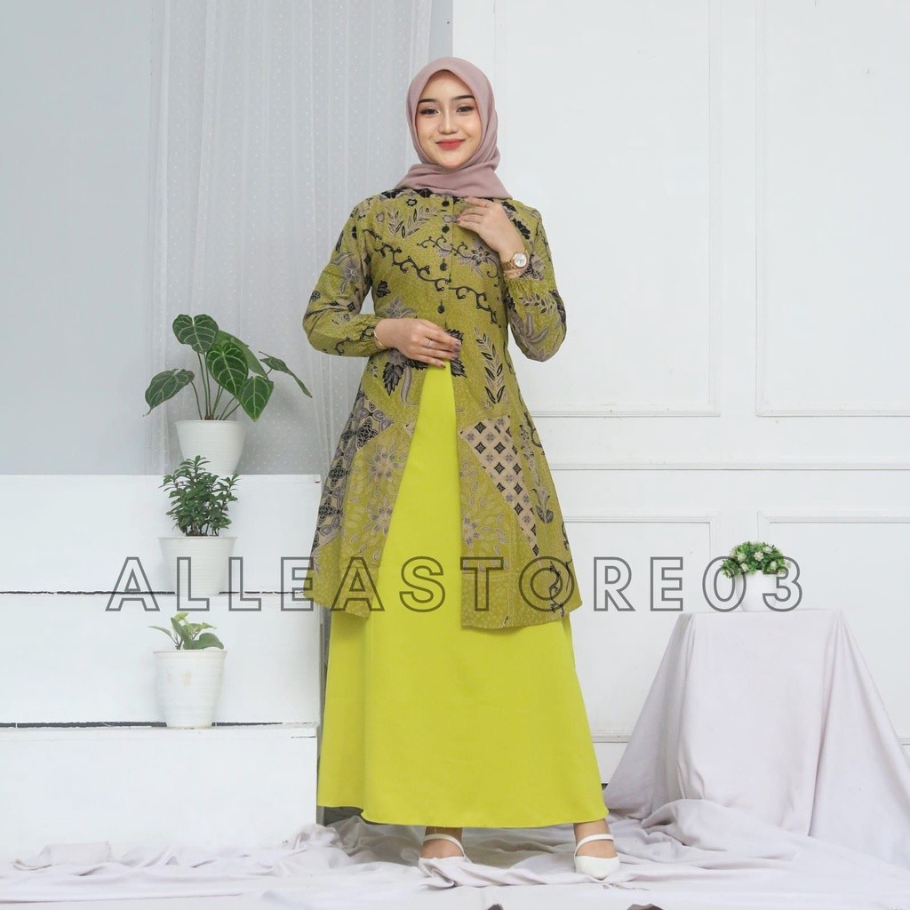 gr43wf Gamis batik Motif Pare dress modern premium, dress muslim, gamis batik kombinasi