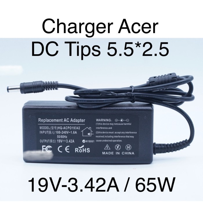 ACER 19V 3.42A 65W 65 Watt DC Tips Jek 5.5*2.5 Charger Adaptor Notebook Laptop with Power Cable Kabe