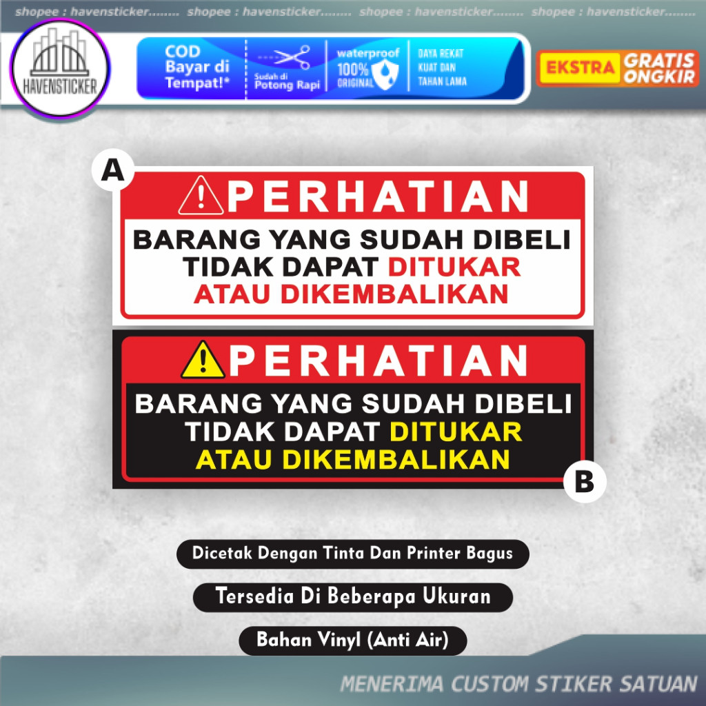 

Stiker Barang Yang Sudah Dibeli Tidak Dapat Ditukar - Stiker Barang Yang Sudah Dibeli Tidak Dapat Dikembalikan - Stiker Produk Tidak Dapat Ditukar